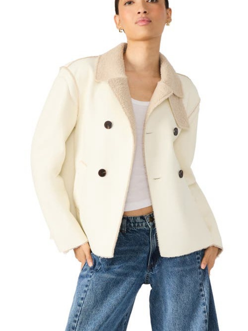 NWT Steve Madden LIV Faux Shearling Double Breasted Coat Ivory Size L - Picture 1 of 6